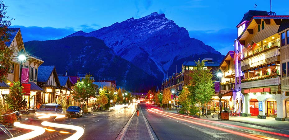 nighttime view of shopping street in Banff AB