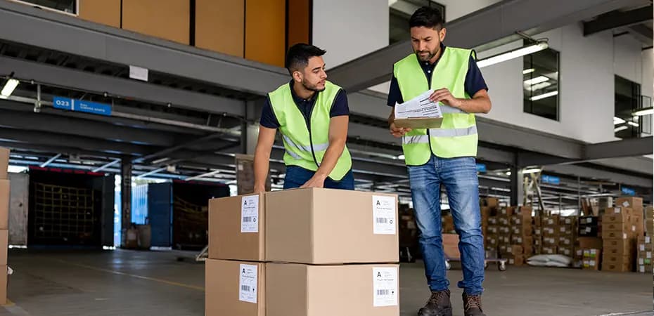 Warehouse workers loading boxes on loading dock.