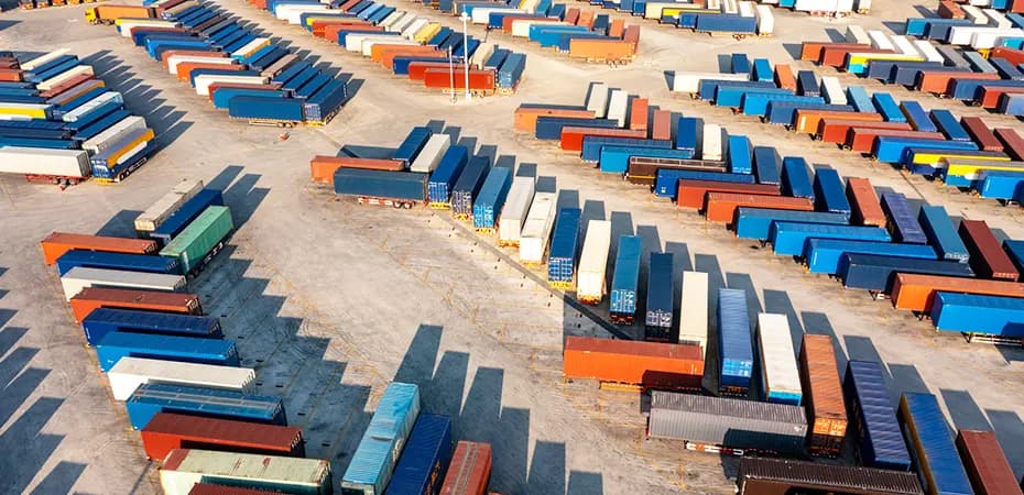 Aerial view of shipping containers lined up