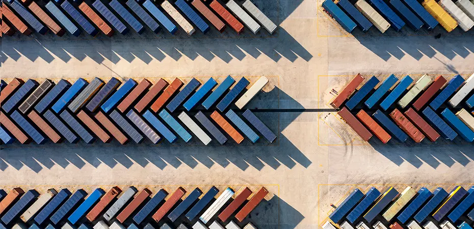 Aerial view of shipping containers in freight yard