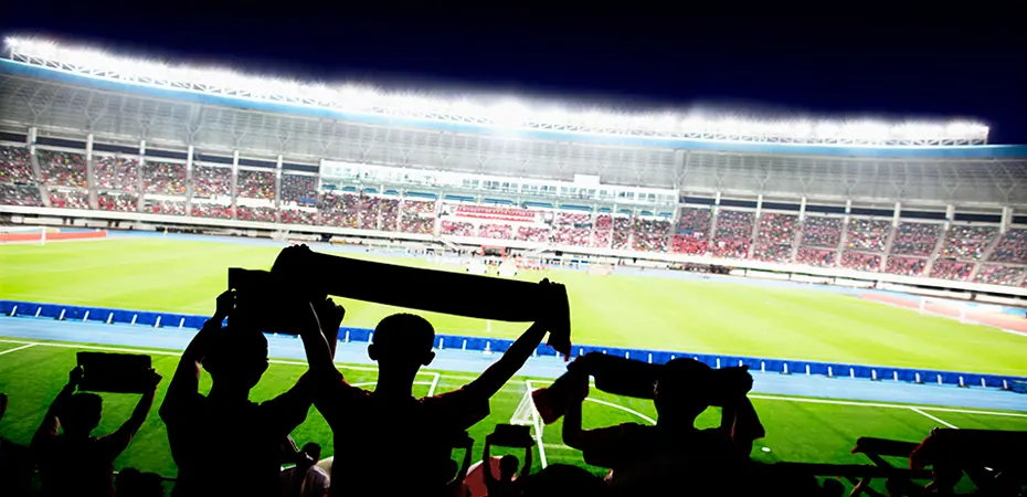 Fans cheering at a sporting event in the stadium