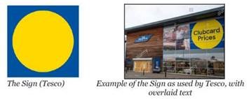 Image showing the sign (Tesco) and an example of the sign as used by Tesco, with overlaid text.