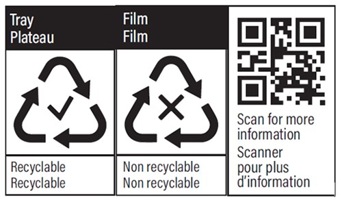 arrows arranged in a triangle with a checkmark or "x" inside to indicate recyclable or non recyclable with QR code to scan for more information