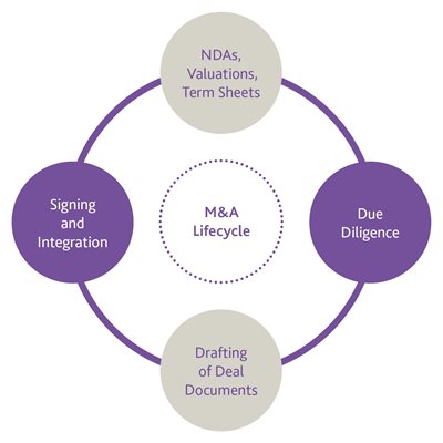 M&A Lifecycle: NDAs, valuations, term sheets to due diligence to drafting of deal documents to signing and integration