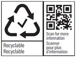 Arrows arranged in a triangle with checkmark inside to indicate recyclable, with QR code to scan for more information